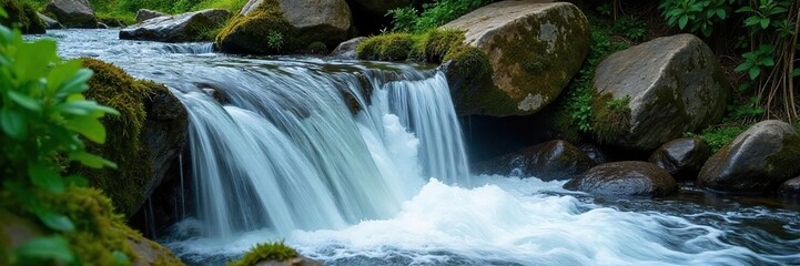 Fototapeta premium Mesmerizing Waterfall Cascade Crystal Clear Water Plunges Over Mossy Rocks, Creating a Refreshing Spray Amidst Vibrant Green Foliage