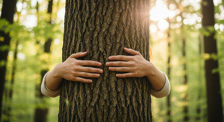 Tree hugging woman in forest nature conservation and environmental awareness concept trunk and hands close up 100