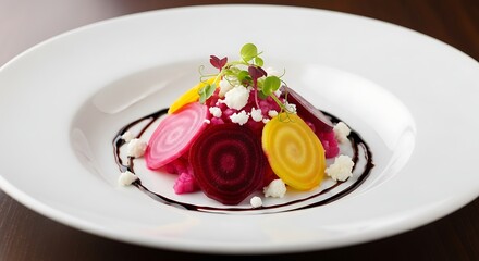 Colorful beetroot salad with goat cheese and herbs on a white plate.