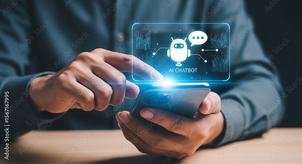 Poster ai chatbot technology concept using artificial intelligence on mobile phone interface app design