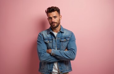 Fototapeta premium Confident man in denim jacket with crossed arms on pink background. Brunette guy poses, looks into camera. Cool male model, studio portrait. Stylish casual wear.