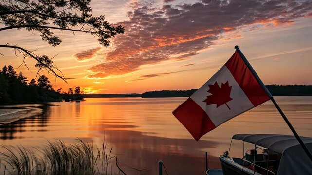 Stunning Canadian Sunset with Flag by the Lake