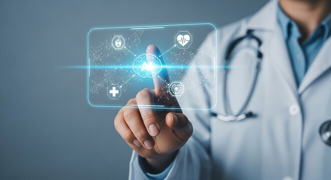 Doctor using ai interface for medical diagnosis and healthcare technology solutions concept image