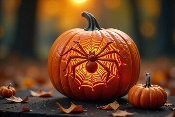 Intricate Spiderweb Pumpkin Carving Spooky Halloween Centerpiece for Autumn Festivities