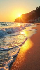 Golden Hour Beach Tranquil Waves Lap Gentle Shore, Warm Sand, Perfect Summer Vacation Scene