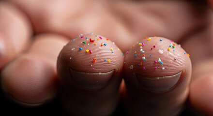 Close up of fingers decorated with colorful sprinkles fun creative food art photography macro shot detail