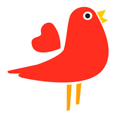Red bird icon with heart-shaped wing and yellow beak. Clipart image isolated on background.