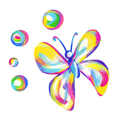 handmade drawing with paints and pencils, colorful butterflies, clipart