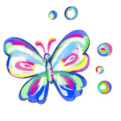 handmade drawing with paints and pencils, colorful butterflies, clipart