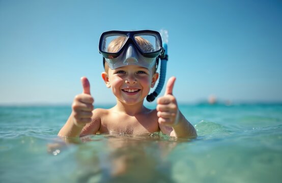 Smiling boy wearing scuba mask in clear ocean water, showing thumbs up. Child enjoys summer vacation at sea. Snorkeling, diving, beach fun, active lifestyle. Happy kid on holiday.