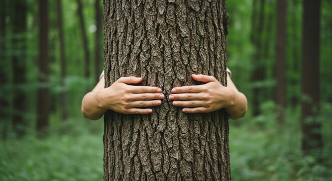 Person hugging tree trunk in forest nature conservation environment sustainability love for nature concept