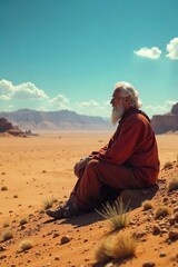 Wise Ancient Sage Contemplates Lifes Mysteries in a Sun-Drenched Desert Landscape, Solitude and Spiritual Reflection in Vast Emptiness