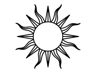 Black and white stylized sun icon with elegant rays. Clipart image isolated on background.
