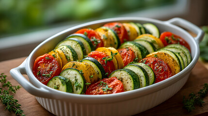 Overhead image of a colorful ratatouille arranged beautifully on a white porcelain dish, blurred Proven? section al garden background