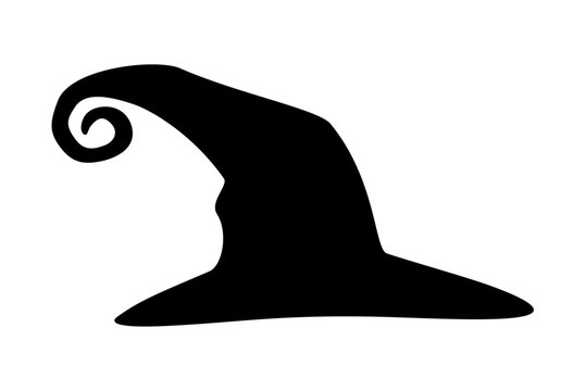 Black silhouette of curly witch hat on white background. Clipart image isolated on background.