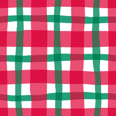 Seamless watercolor plaid Christmas pattern with dark green and red hand painted lines on white background. Ideal for festive fabric, gift wrap, and holiday backgrounds.