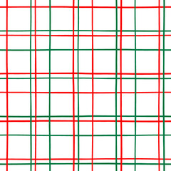 Seamless watercolor plaid Christmas pattern with dark green and red hand painted lines on white...