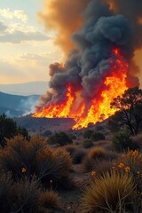 Dramatic Wildfire Inferno Fierce Flames Engulfing Dry Brush and Trees in a Sunlit Wilderness Landscape, Smoke Billowing into the Sky