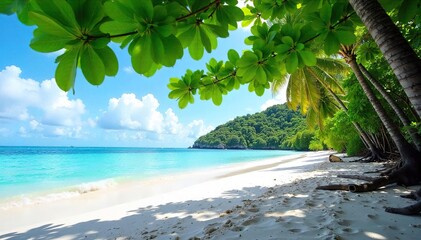 Secluded Tropical Beach Sunlight Dapples Lush Green Foliage and Turquoise Ocean, Perfect for Travel and Nature Photography