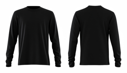 Front and back views of a black long sleeved shirt on a black background