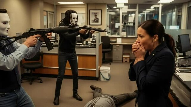 Two masked individuals with firearms confront a distressed woman in a chaotic office environment.