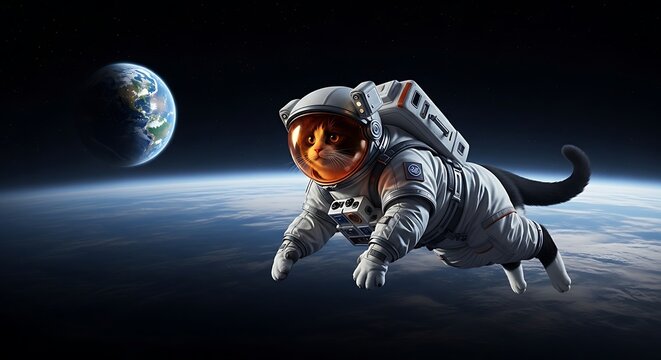 A ginger cat astronaut floats in space near Earth.