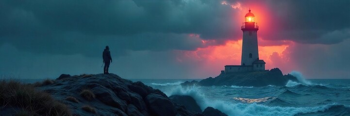 A solitary figure stands watch atop a majestic lighthouse, gazing out at a dramatic, stormy sea The powerful beam cuts through the darkness, a beacon of hope against the elements , shore, guard