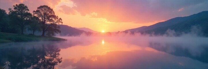 Serene Sunrise over Tranquil Lake Misty Ethereal Atmosphere, Perfect for Calming Backgrounds, Websites, Calendars, and Peaceful Projects