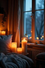 Tranquil Dusk Living Room Candles Glow, Illuminating Window View, Warm & Inviting Atmosphere, Perfect for Home Decor & Relaxation