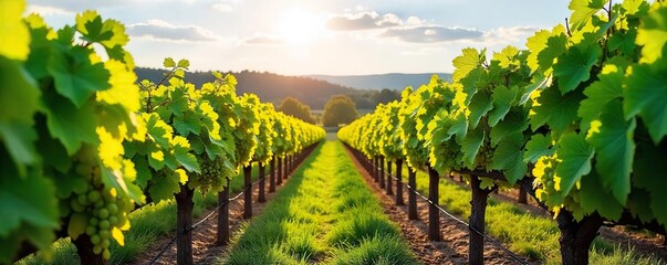 Sun-Drenched Vineyard Rows of Lush Grape Vines Heavy with Ripening Fruit, Ready for Harvest