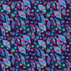 Seamless abstract pattern with translucent organic shapes and circles in cool blue-purple tones. Ideal for textiles, wallpaper, backgrounds, branding, and modern design. Deep, mysterious aesthetic.