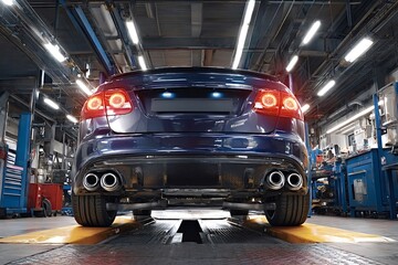 Obraz premium Back view of a modern car with illuminated tail lights positioned on an automotive lift within a well equipped service center, highlighting vehicle maintenance and inspection procedures