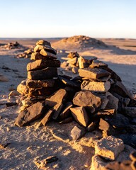 A cairn of rocks stacked in the desert landscape under a clear sky at golden hour