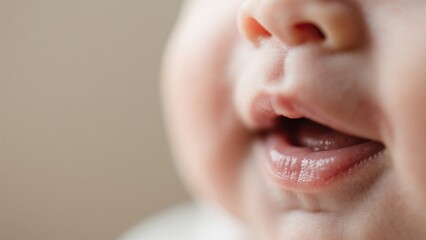 Fototapeta premium A macro shot captures the innocent face of a baby, focusing on the details of their nose, plump cheeks, and slightly open mouth, revealing their delicate tongue