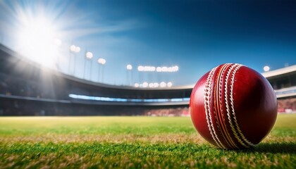 close up of a cricket ball mid spin above the pitch with visible seam details and stadium blur