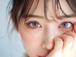 青い瞳の美しい女性の目元アップ