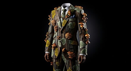 Fototapeta premium A headless mannequin displays a meticulously crafted suit adorned with realistic mushroom and foliage appliqués.