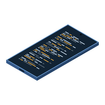 Isometric smartphone. Program code on smartphone screen. Isometric technology. Vector illustration