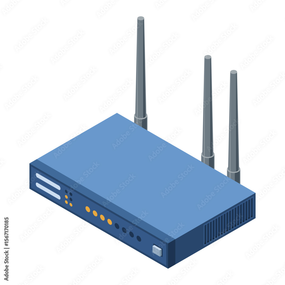Poster isometric network wifi router with antennas. wireless network communication technology. wireless int