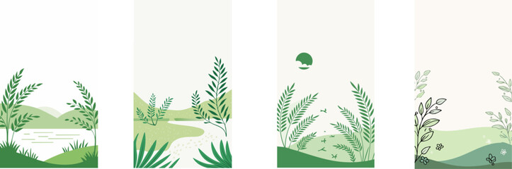 Minimalist Illustrations of nature-inspired designs. Nature scenes featuring green plants, gentle hills, and other natural elements