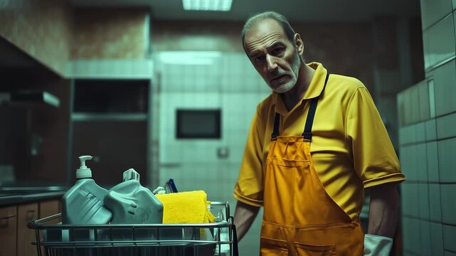 Focused Cleaning Service Worker Working in Restaurant Kitchen