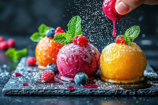 Three scoops of colorful ice cream. AI.