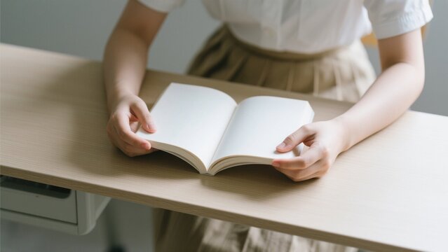 Young woman in white shirt and pleated skirt sitting at desk with open book, creating a serene and focused atmosphere for studying or journaling .