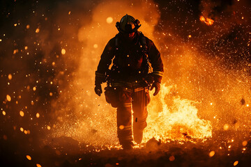 Courageous firefighter battling intense blaze amidst flying embers