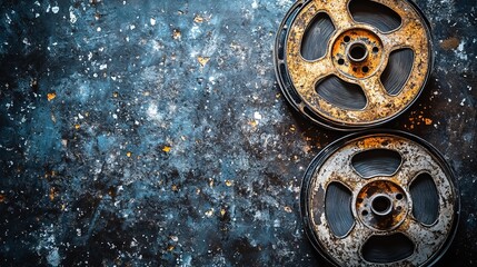 Obraz premium Two aged film reels on a dark, textured surface