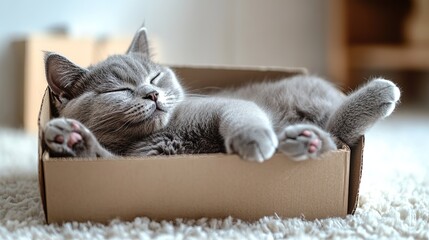 A gray British Shorthair cat sleeps comfortably inside a cardboard box