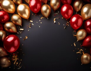 party themed banner with red and gold balloons confetti border on black background space for anniversary sale gala night or celebratory event