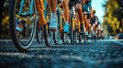 Low-angle view of a line of cyclists on a paved road