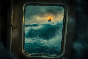 Naklejka premium Lighthouse amidst stormy ocean waves viewed from ship porthole