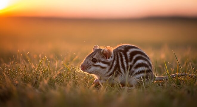 A striped dasyure sits in golden sunlight within a field of grass.